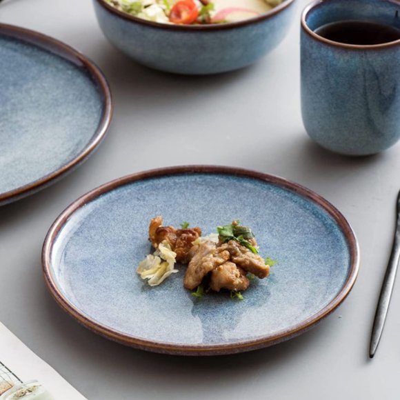 8.25" CERAMIC DESSERT/ SALAD PLATES - Set of 4 (Blue w/ Brown Rim) - Picture 4 of 9